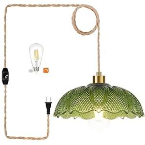 QIYIZM Plug in Pendant Light Hanging Lights with Plug in Cord Boho Hanging Lamp Dimmable Gold Glass Mid Century Modern Green Vintage Plug in Chandelier Ceiling Fixture for Living Room,Bedroom,Kitchen