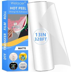 DTF Transfer Film Roll 13 Inch x 328 FT for Double-Side Matte Clear Pretreat Sheets, PET Heat Transfer Paper for Inkjet Printer Direct Print on T Shirts Textile