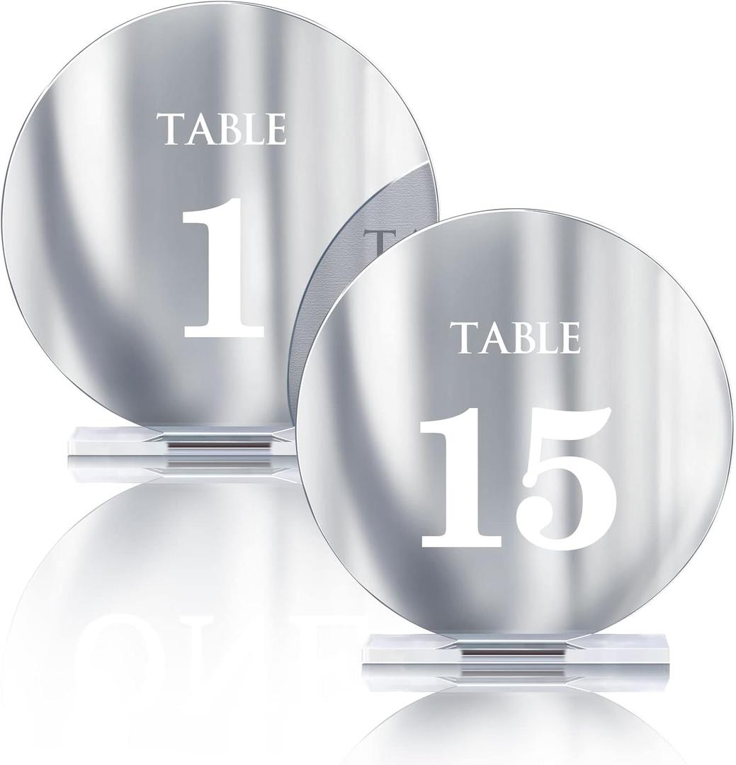 Acrylic Wedding Table Numbers 1-15 with Stands,4.8"Round Mirror Silver Table Number Signs and Holders for Wedding Reception, Party, Event, Centerpiece Decoration
