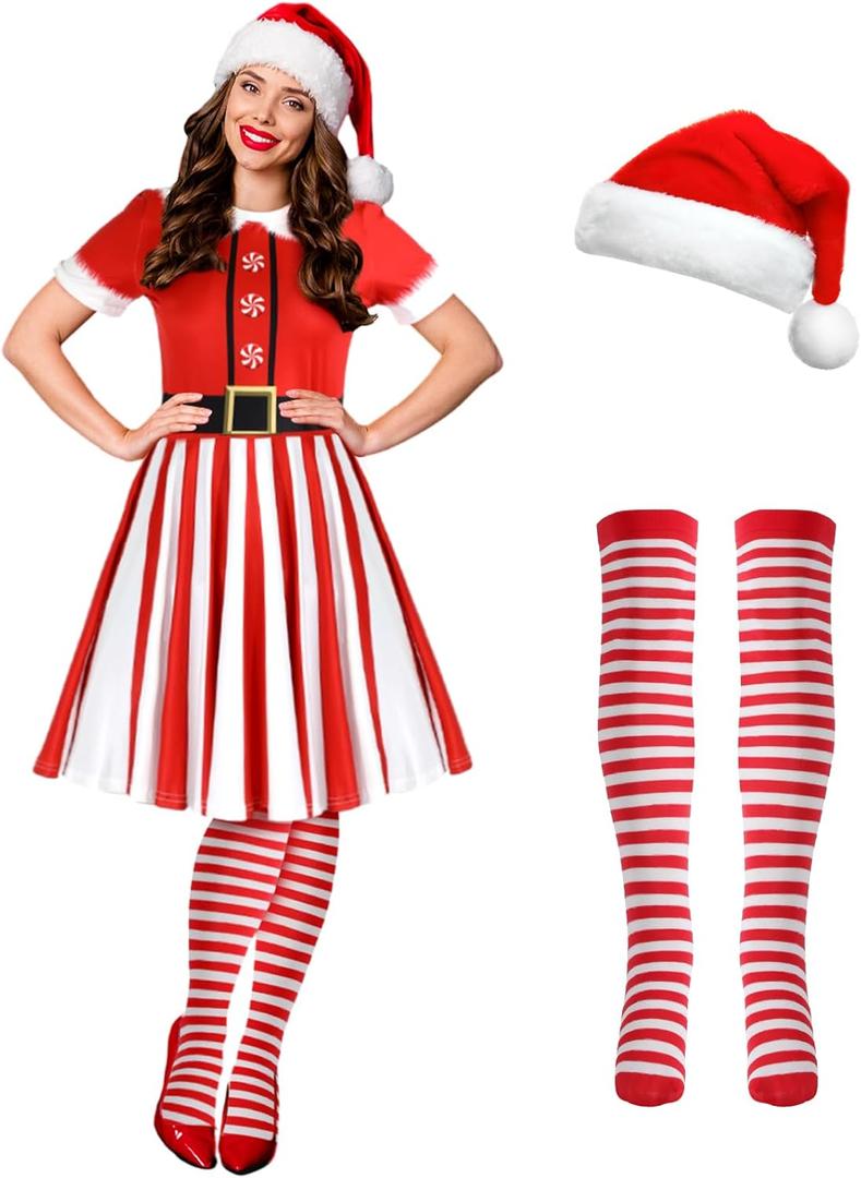 Hillban 3 Pcs Christmas Elf Costume Set Women Short Sleeve Christmas Dress Thigh High Socks Santa Hat (Medium, Strip Style)