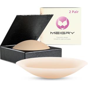 Pasties Nipple Covers for Women 2 Pairs, Reusable Ultra-Thin Sticky Silicone Bra, with Travel Box (3.15in (Fits A-C Cups), Creme)
