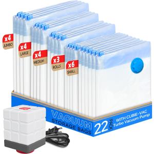 Vacuum Seal Bags for Clothing, 22 Pack Vacuum Storage Bags (4 Jumbo, 4 Large, 4 Medium, 6 Small, 4 Roll) for Clothes Comforters, Travel Space Saver Bag with Compact Electric Pump (2025 Upgrade)