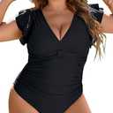 Blooming Jelly Women's Plus Size Swimsuit One Piece Tummy Control Bathing Suit Modest Full Coverage Ruffle Swim Suits, Size 2XL, Black