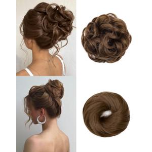 2PCS Messy Bun Hair Piece-Large Wavy Curly & Donut Updo Hair Pieces Set, Scrunchies Synthetic Chignon Ponytail Extensions Thick Updo for Women(Light Brown)