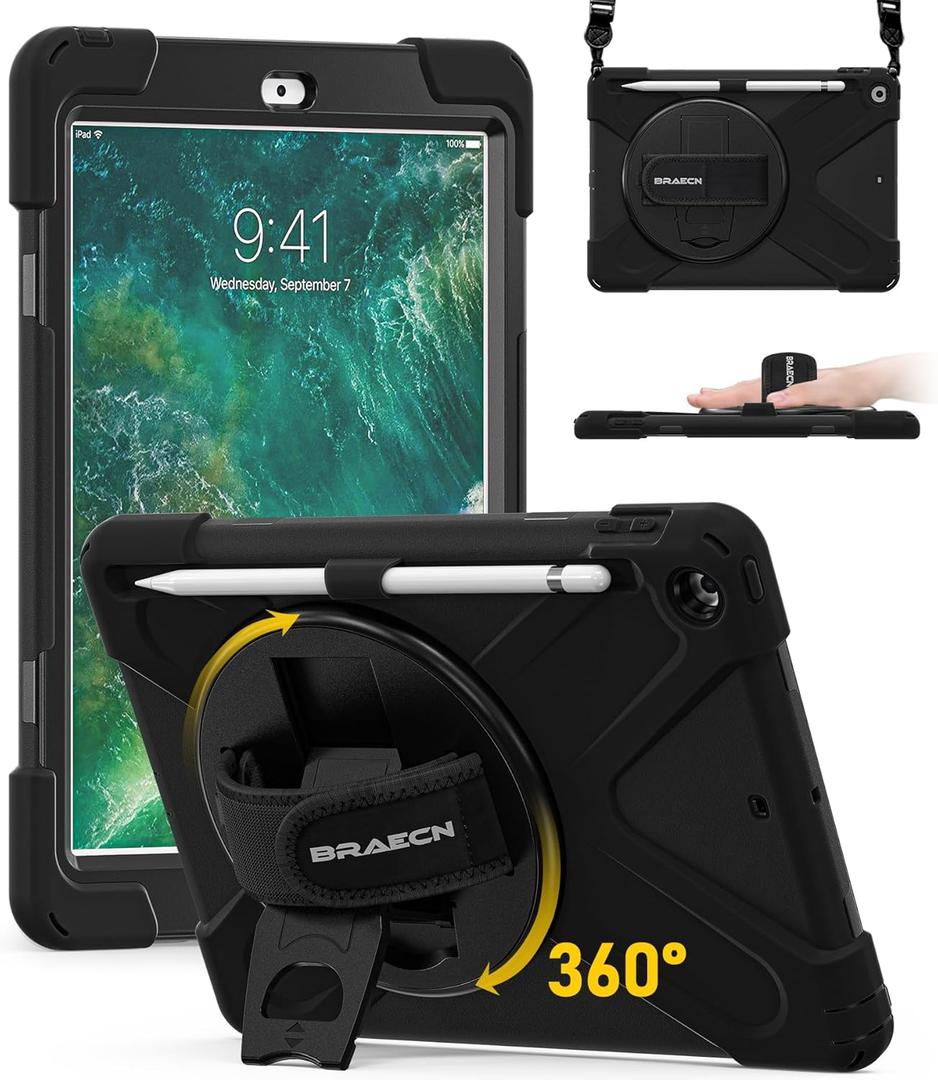 BRAECN Case for iPad 6th/5th Generation 9.7 inch 2018/2017, Rugged Heavy Duty Shockproof Cover for iPad 6th/5th Gen, 360 Rotating Kickstand & Soft Hand Strap & Shoulder Strap, Black