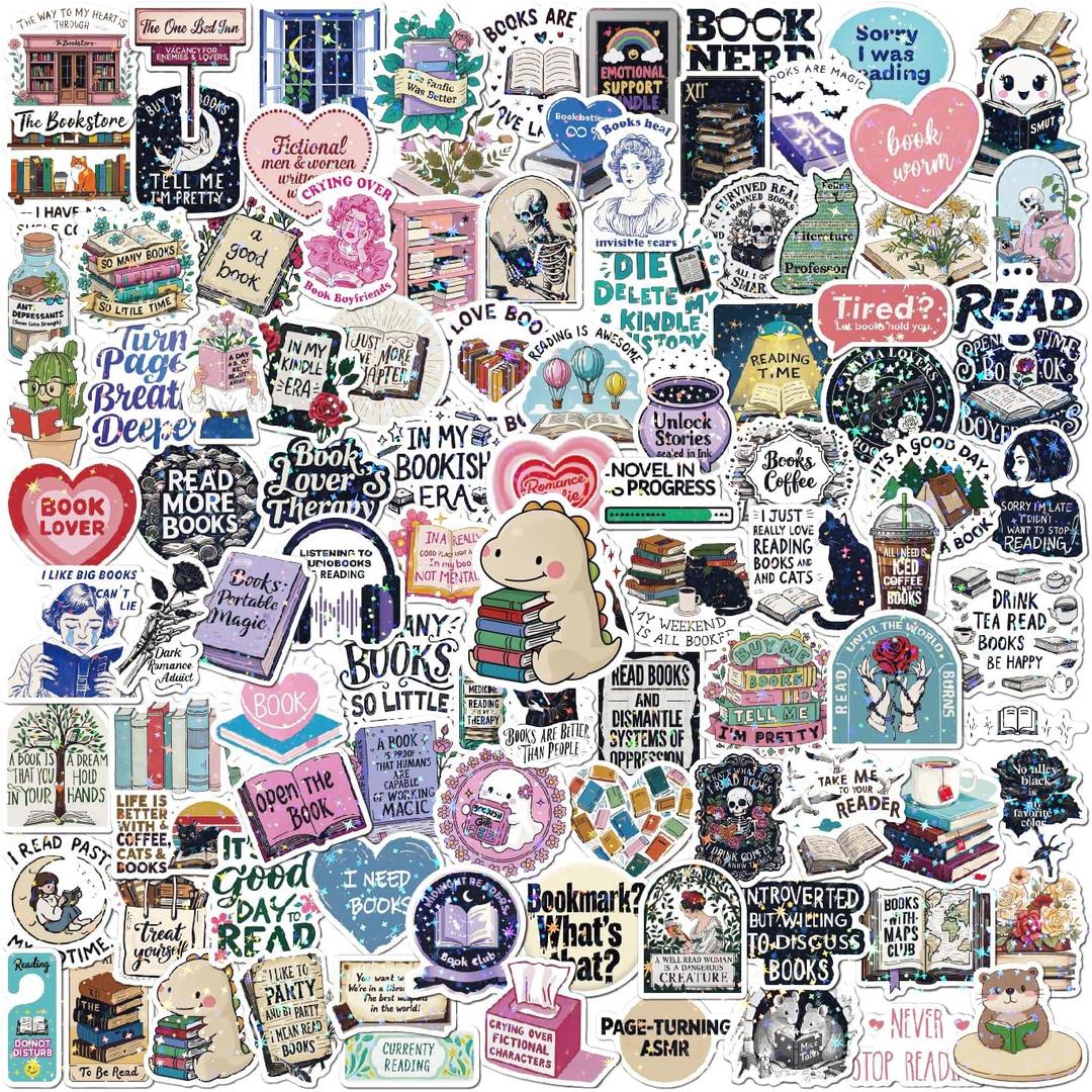 100 PCS Holographic Bookish Stickers Pack,Vinyl Shimmery Reading Book Stickers,Waterproof Glitter Reading Decals Water Bottles Laptop Classroom Rewards Book Lover Gifts, 2-3.5 inches