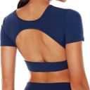 ENERBLOOM Open Back Workout Crop Tops for Women Backless Yoga Shirts Gym Short Sleeve Mild Support Compression Tee with Bra (Large, Navy Blue)