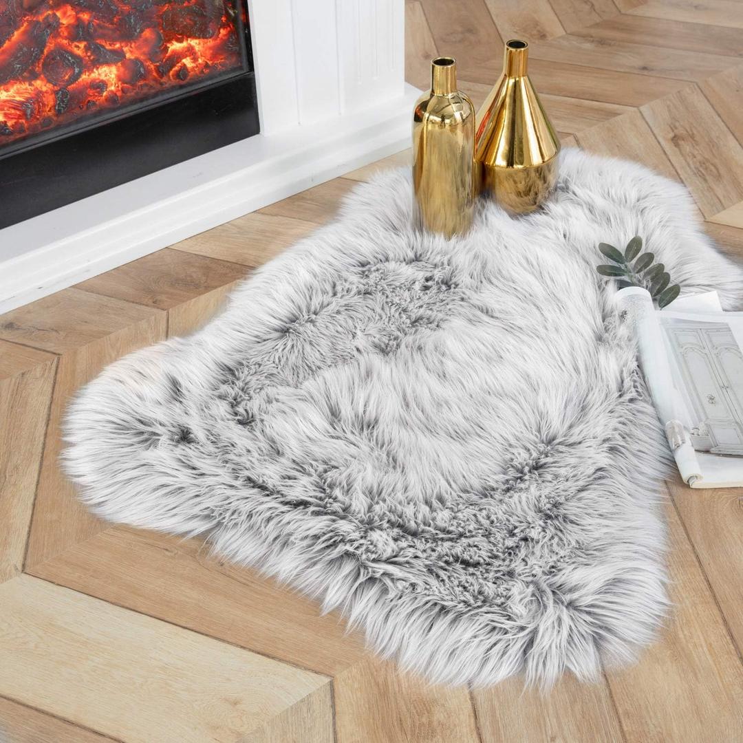 Ashler faux fur rug, Fluffy Shaggy Area Rug Ultra Soft 2 x 3 Feet Sheepskin Fur Rug, Frosted Bottom Gray Fuzzy Rug Machine Washable Shag Rug, Nursery Decor Throw Rugs for Bedroom, Living Room