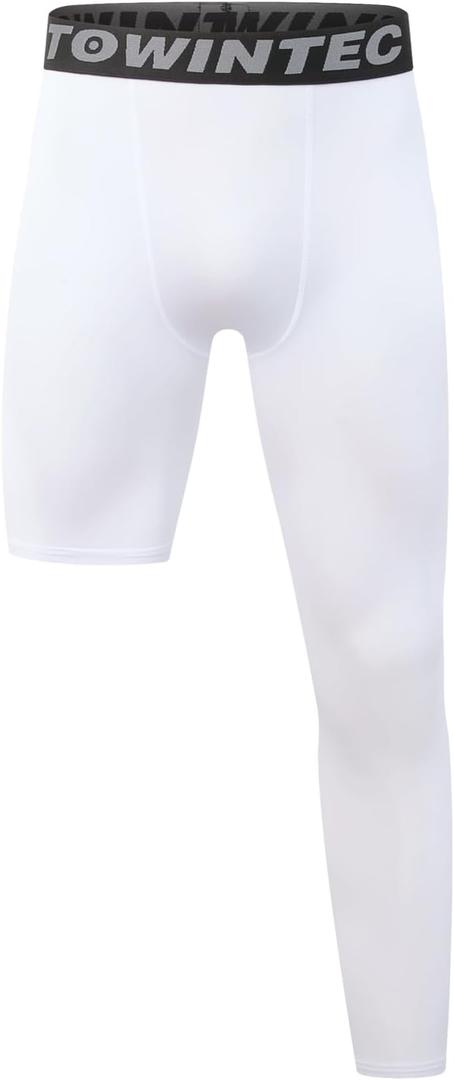 Youth Boys One Leg Compression Pants Kids Sports Tights Athletic Base Layer Leggings for Basketball Underwear (White, M)