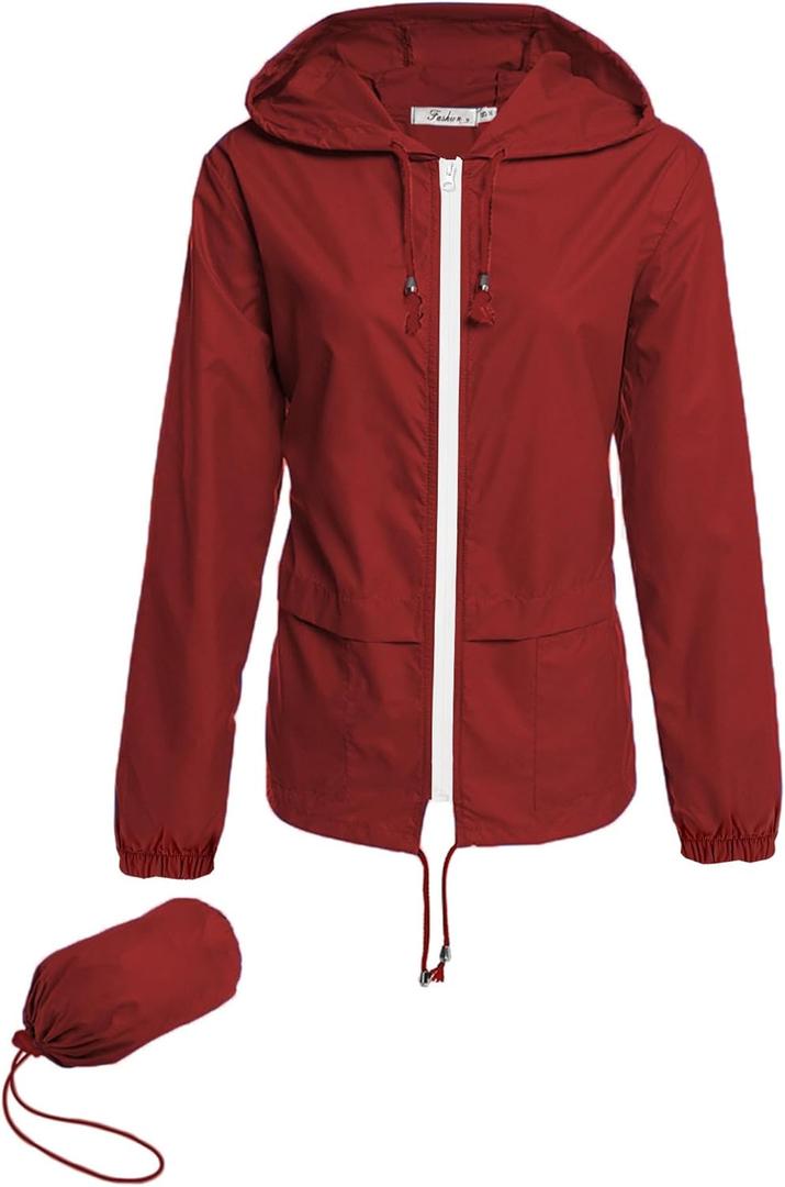 Hount Women's Lightweight Hooded Raincoat Waterproof Packable Active Outdoor Rain Jacket (S-3XL) (Wine Red)
