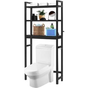 HITOMEN Over The Toilet Storage Cabinet, Bamboo Adjustable 3-Tier Above Toilet Shelf, Stable Freestanding Above Toilet Organizer with 3 Hooks for Bathroom Restroom Laundry Balcony, Black 67" H
