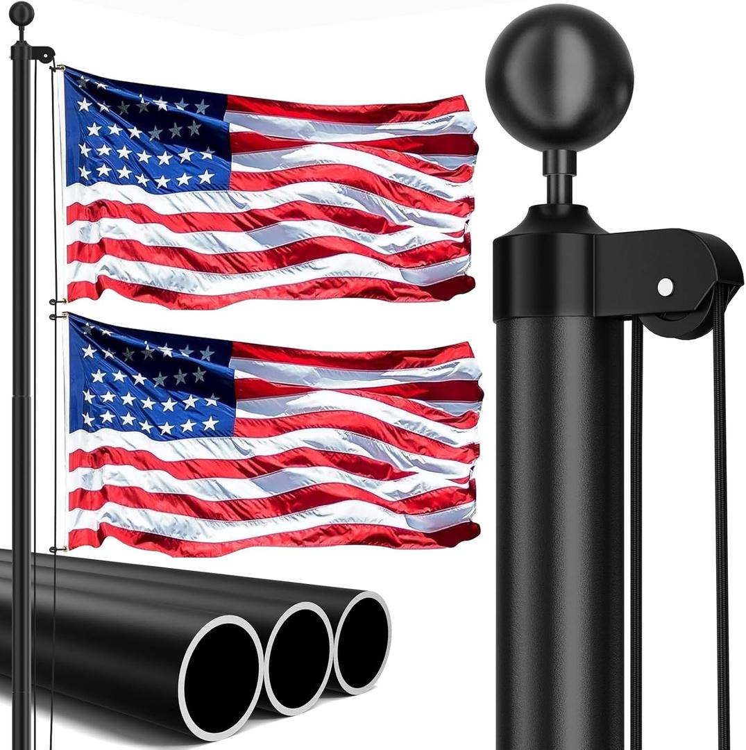 20FT Heavy Duty Flag Pole,14-Gauge Aluminum,Resist Strong Wind,Sectional Black Residential Flagpole Complete Kit - USA Flag,Black Ball, Aluminum Clips