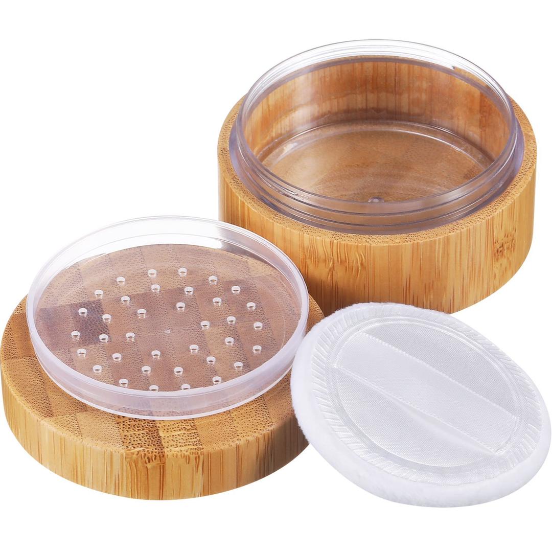 Frienda 30 ml Bamboo Loose Powder Puff and Container Empty Dusting Powder Jar for Body Face Makeup Travel Box Compact Case Holder with Sifter Lids and Puff
