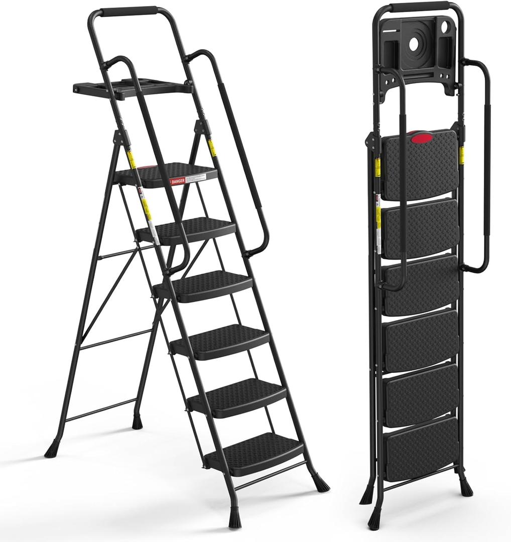 HBTower 6 Step Ladder, Folding Ladder with Handrails & Tool Tray