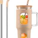 Glass Tumbler with Lid, 32 oz Glass Cup with Handle, Glass Water Bottles with Time Marker, 2 Straws - Pearl Straw & Silicone Protective Sleeve - Amber