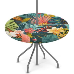 Outdoor Round Tablecloth with Umbrella Hole, Tropical Flowers Fitted Table Cloth with Elastic 36"-44" Waterproof Oil-Proof Circle Patio Table Cover for Picnic Camping Party