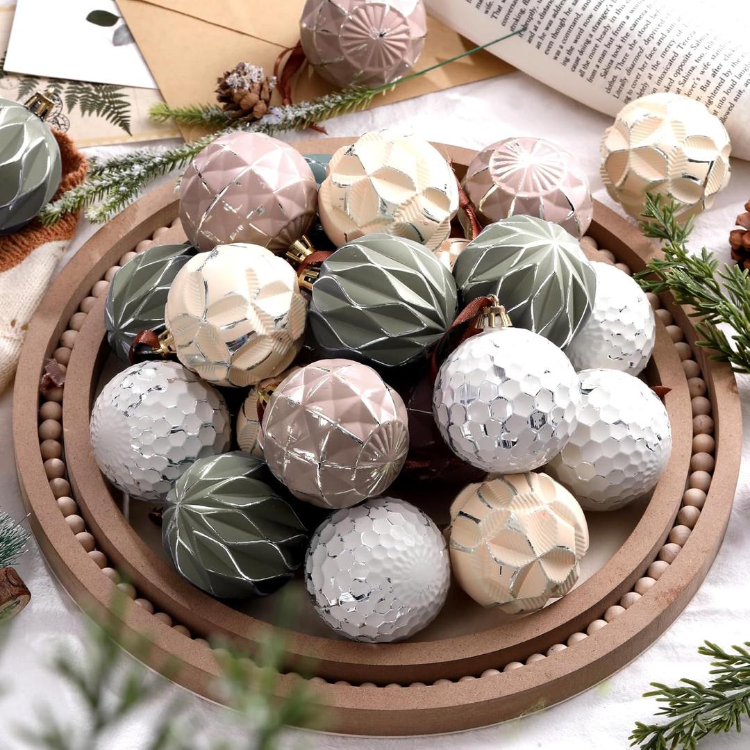 Syhood 12 Pcs Neutral Textured Christmas Ball Ornaments 2.4 Inch Vintage Boho Sage Green Ivory Nude Mauve Xmas Bulbs Rustic Distressed Xmas Baubles Antique Farmhouse Modern Christmas Decor for Tree
