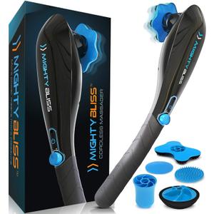 Mighty Bliss Deep Tissue And Back Massager Cordless Handheld Electric Percussion Muscle Massager Machine - Long Handle Full Body Therapy Massager For Neck, Shoulder, Back, Leg, Feet - 6 Heads Included
