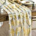 Artoid Mode 3PCS Beige Gold Dahlia Flower Gauze Table Runner 120 Inch 10FT, Glitter Metallic Foil Seasonal Sheer Dining Holiday Table Decor for Home Party