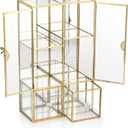 ELLDOO Clear Glass Storage Box with 2 Drawer, Gold Mirrored Jewelry Makeup Display Organizer Case, Decorative Tower Box Storage for Trinket Perfume Lipstick Figure Statue Toy Display