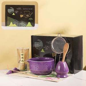 Matcha Set, 8-Piece Ceramic Matcha Bowl & Whisk Kit with Mushroom Pattern, Traditional Japanese Chawan, Bamboo Chasen, Scoop & Sifter, Gift for Tea Lovers, Zen Tea Ceremony Accessories (Purple;)