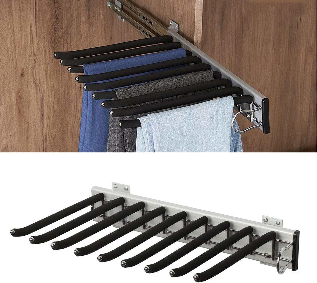 Pull Out Trousers Rack 9 Arms Retractable Closet Pants Hanger Side Mounted Space Saving Trouser Hanger Rack, Right Side Installation, Black