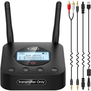 1Mii B06TX+ Long Range Bluetooth 5.2 Transmitter for TV/PC/Projector to 2 Wireless Headphones/Speakers, Bluetooth Adapter for TV w/Screen Display Plug n Play, aptX Low Latency & HD Audio (black)