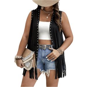 Verdusa Women's Plus Size Fringe Vest Faux Suede Rivets Sleeveless Tassel Jacket Western Cowgirl Outfits (XL, Black)