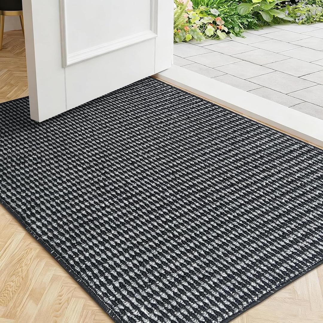 Mordem 17x30 Indoor Door Mat, Non Slip Rubber Backing Entrance Rugs, Low Profile Dirt Resistant and Absorbent Door Rugs for Entryway, Washable Resist Dirt Indoor Mats, Black and Grey