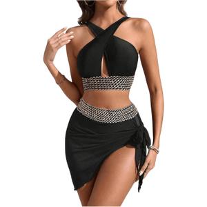 SweatyRocks Women's 3 Piece Swimsuit Criss Cross High Waisted Bikini Set with Sarong Wrap Coverups (X-Large, Multicolor)
