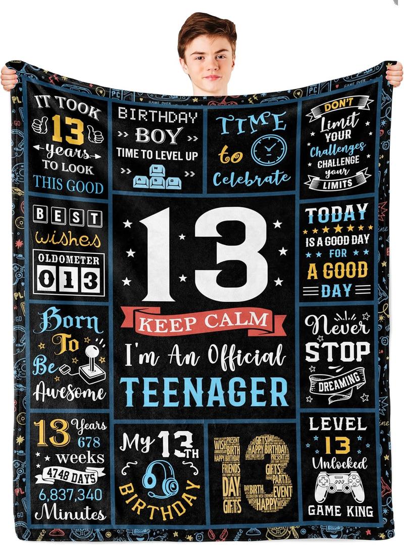 13 Year Old Boy Gifts, 13th Birthday Gifts for Boys Blanket, Coolest Presents for 13 Year Old Boy, 13 Yr Old Boys Birthday Present Ideas,13th Bday Decorations Blanket 60x50in