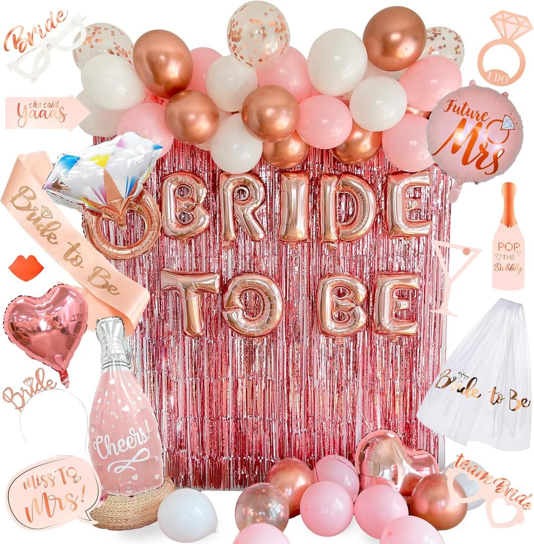 VIDAL CRAFTS 62-Piece Rose Gold Bridal Shower Decorations  Bachelorette Party Decor with Confetti Balloons, Bride-to-Be Banner, Bridal Veil, Fringe Curtains, Bride Sash & Fun Photo Props [UPGRADED] (Rose Gold, Blush Pink, White)