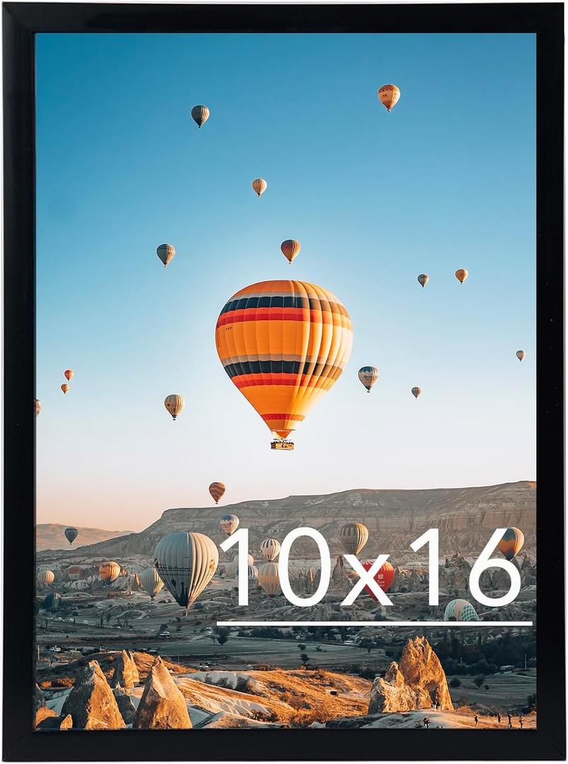 JCJMY 10x16 Picture Frame Black for Wall Hanging, Wall Mounting Horizontally or Vertically, 10 x 16 Wall Gallery Poster Photo Frame with Shatter Resistant Plexiglass, Black