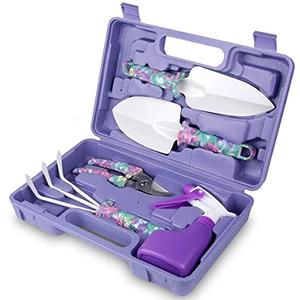 Gardening Tools,5 Pieces Garden Tools with Floral Print, Ergonomic Handle Trowel Rake Weeder Pruner Shears Sprayer,Gardening Supplies with Carrying Case Gifts for Women