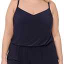 Aqua Green Women's V-Neck Blouson Slimming Swim Romper with Pocket (Blue, L)