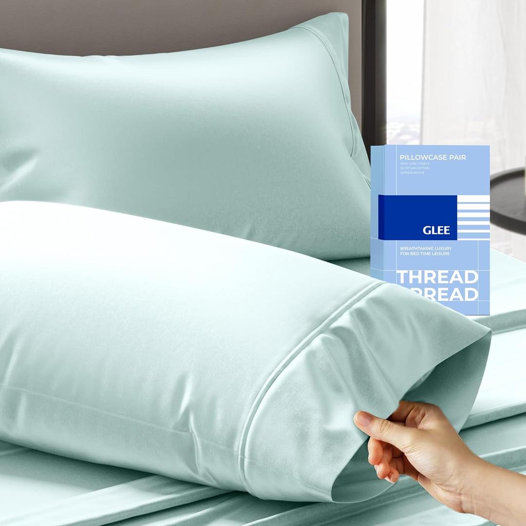 Thread Spread 100% Cotton Pillow Cases Queen Size Set of 2 - Luxury 400 Series Glee Collection Queen Pillow Cases (Sea Foam), Soft Cooling Breathable Hotel Cotton Pillowcases, Fits Standard Pillows
