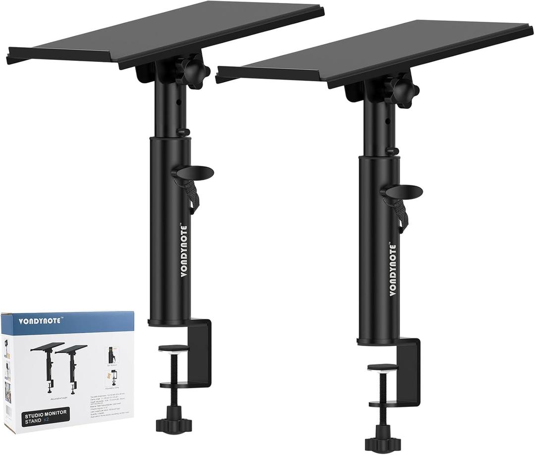 Vondynote Studio Monitor Stands Pair Heavy Duty Desk Clamp Speaker Stands with Adjustable Tilt Angle Tray of 0-12