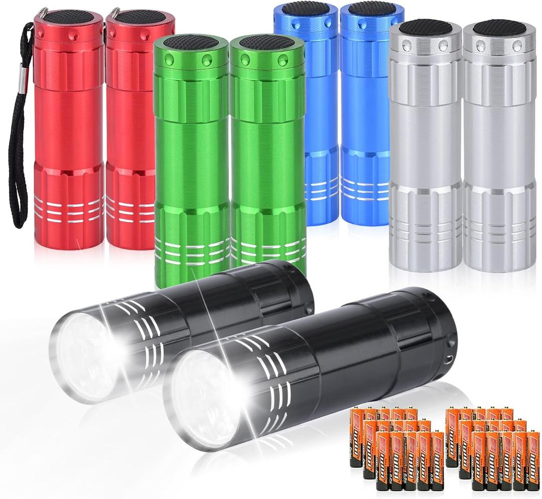 10 Pack of Flashlights 9 LED Mini Aluminum Flashlight Bulk with Lanyard 30 AAA Batteries Included Assorted Colors Handheld Flashlights for Hurricane Supplies Camping, Night Reading, Cycling