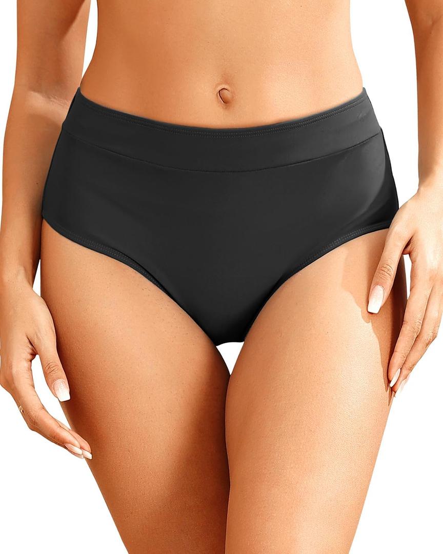 Tempt Me Women Mid Waist Bikini Bottoms - Full Coverage Bathing Suit Swim Bottom Swimsuit Swimwear (Small, Black)