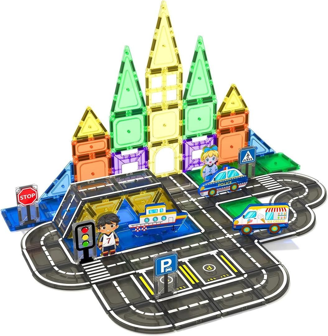 104 PCS Magnetic Tiles Road Set, STEM Construction Toys for Kids Ages 3-5 5-7 4-8, Magnet Building Blocks for Toddler Toys Games, Christmas Birthday Gifts for 3+ Year Old Boys Girls