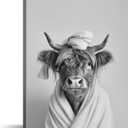 SANGGUOBIN Funny Highland Cow Canvas Wall Art Cow in a Bathrobe Prints Black and White Farm Animal Art Poster for Bedroom Bathroom Wall Decor(Black White-1,16x24inch)