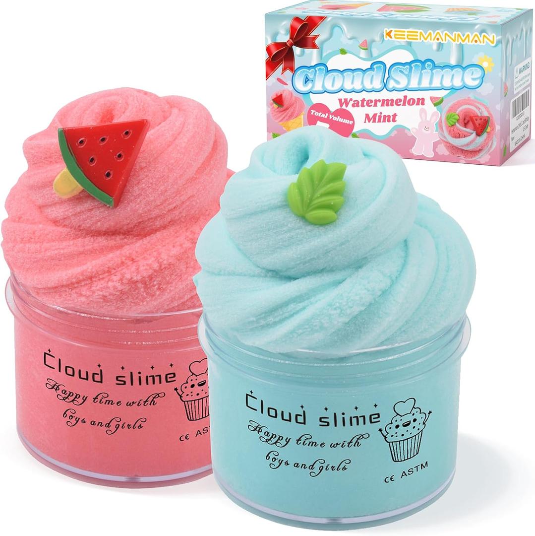 2 Pack Cloud Slime Kit with Red Watermelon and Mint Charms, Scented DIY Slime Supplies for Girls and Boys, Stress Relief Toy for Kids Education, Party Favor, Gift and Birthday