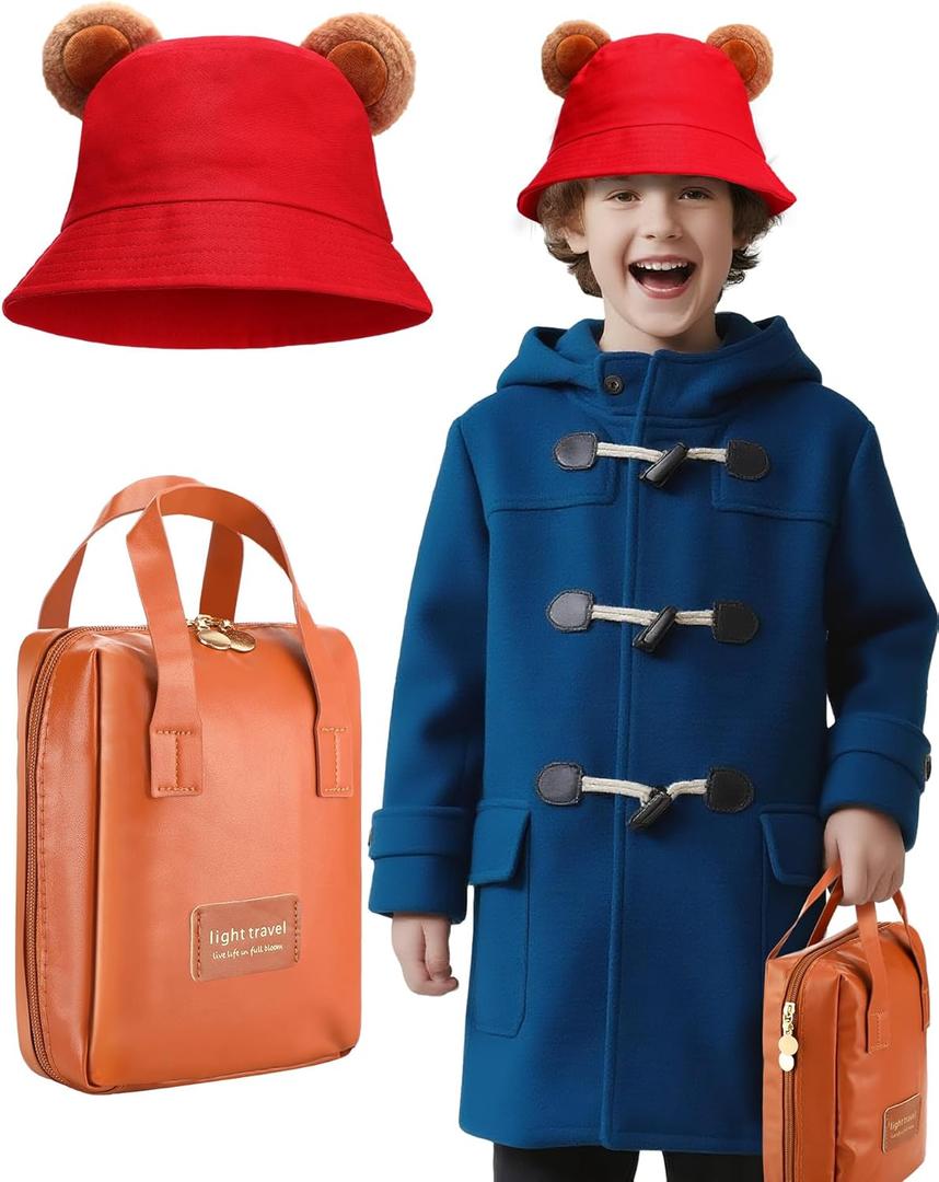 2 Pcs Halloween Bear Costume Accessories Bear Ears Red Bucket Hat and Brown Travel Handheld for Adult Women Men Halloween Cosplay Party Supplies