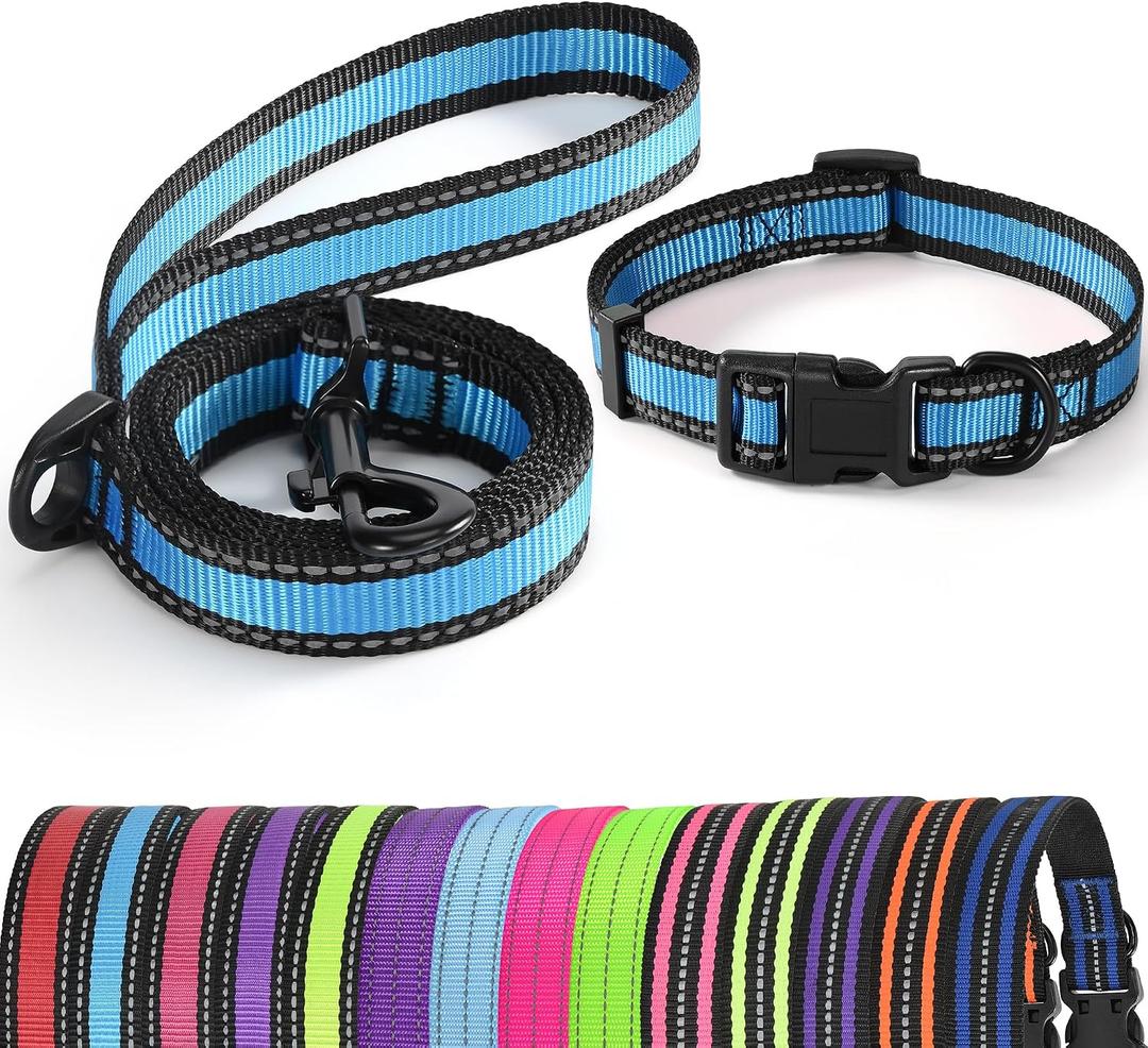 2 x Mile High Life | Reflective Small Medium Dog Collar Leash Set, Adjustable Collar Leash Set (Reflective Edge Blue, Medium (Pack of 2))