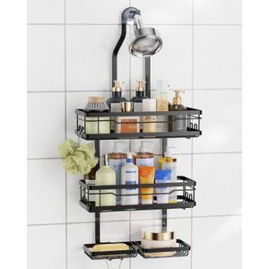 OMAIRA Shower Caddy Hanging with Soap Scrub Holder, Stainless Steel Adjustable No Drilling Non-Slip Large Capacity Sturdy Over Shower Head Shower Organizer Inside Shelves Bathroom Storage Rack, Black