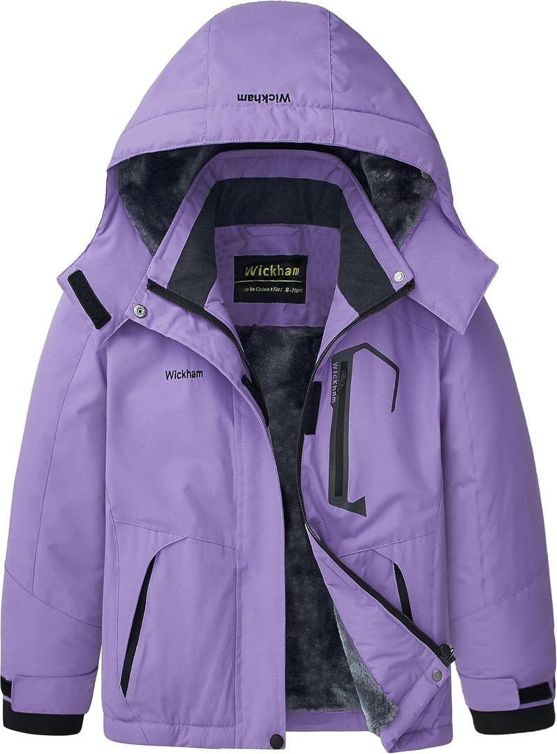WICKHAM Girl's Waterproof Ski Jacket Winter Warm Fleece Lined Snow Windproof Jackets Removable Hood Ski Coat for Kids (10-12 Years, Purple)