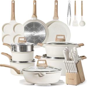 CAROTE ICE 35pcs Pots and Pans Set, Nonstick Cookware Sets, White Granite Induction Cookware with Kitchen Knife Set, 35 Piece
