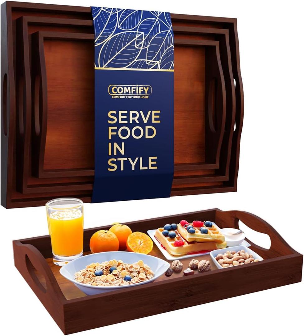 Comfify Bamboo Serving Trays Set of 3 Ottoman Trays for Food, Entertaining, and Decor Minimalist Brown Finish