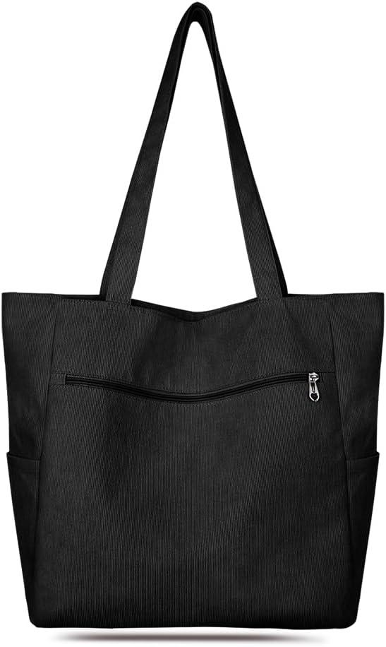 Kememo Corduroy Tote Bag for Women with Zipper, Large Shoulder Bag Handbag for Work School Shopping Travel Gym Vacation (Grey)