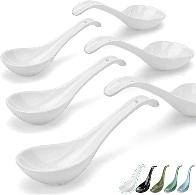 Artena Bright White 6.75 inch Asian Soup Spoons Set of 4, Ultra-fine Porcelain Tablespoon, Chinese/Japanese Kitchen Soup Spoons for Cereal, Ramen Pho - Deep Oval Hook Design